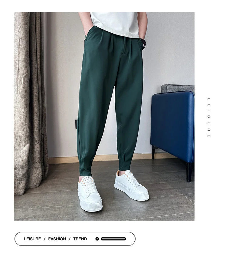 Men’s Spring & Summer Casual Solid Color Ice Silk Trousers — Korean Style Slim Ankle Pants with Zipper Detail, Smooth & Lightweight for a Handsome Look