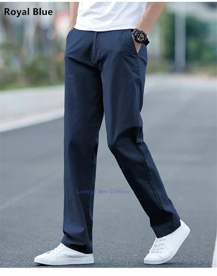 Men's Summer Lightweight Stretch Chino Pants – Loose Fit Cotton Trousers in Khaki, Blue, and Black – Plus Sizes 42 & 44