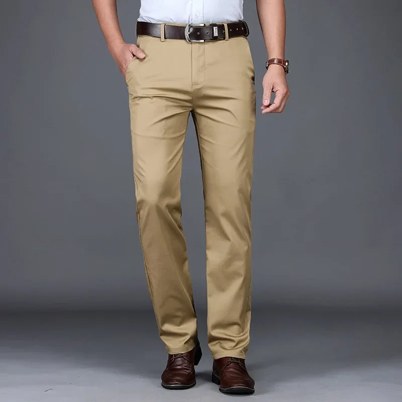 Men's Lightweight Summer Slim-Fit Suit Trousers – Business Casual Cotton Pants in Green, Black, and Khaki (Sizes 30–40)