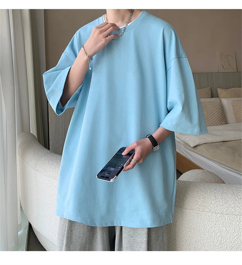 Men’s Oversized White Cotton T-Shirt – Solid Color Summer Casual Fashion Tee, Size up to 5XL
