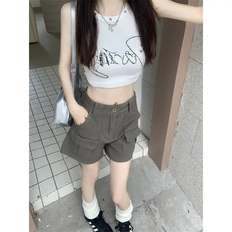 Women's Retro Mid-Waist Cargo Shorts – Casual Summer Streetwear with Pockets