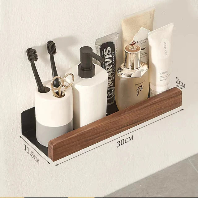 No-Drill Wall-Mounted Solid Wood Corner Bathroom Shelf — Shower Storage Rack and Toilet Shampoo Holder