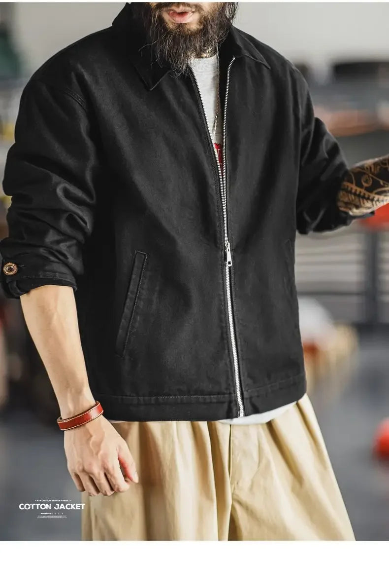 Men’s Heavyweight Vintage “IKE” Zip-Up Jacket – Black Cotton Coat with Collar, Casual Outdoor / Mountain Style for Spring & Fall