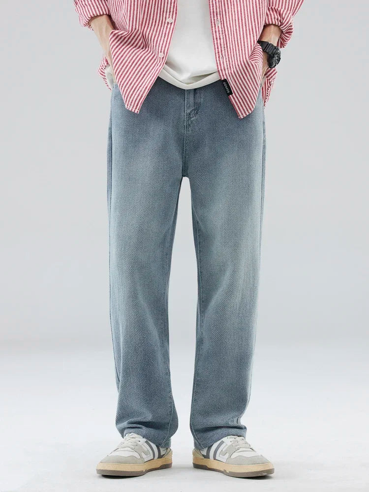 Vintage Men’s Baggy Jeans – Korean Style Starry Sky Fabric, Straight Fit Casual Denim Trousers, High Street Personalized Pants