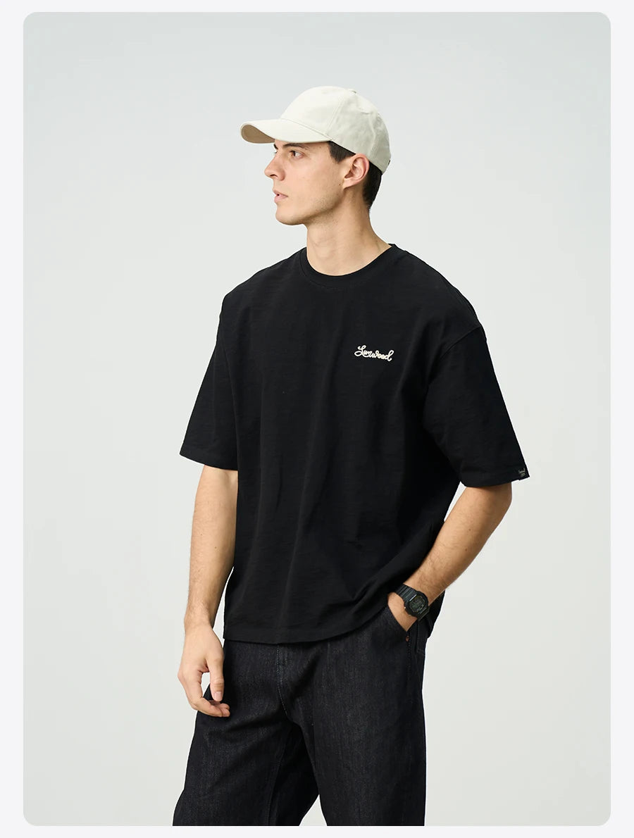 SIMWOOD 2025 Summer Oversized Heavyweight 300gsm Slub Cotton T-Shirt for Men with Letter Embroidery