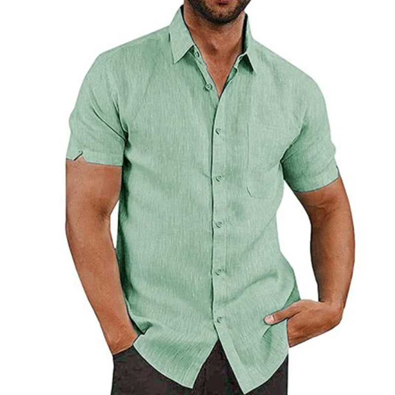 Men’s Summer Cotton Linen Short Sleeve Shirt – Casual & Formal Business Blouse, Lightweight Breathable Top