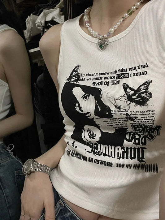 Y2K-Inspired Grunge Ribbed Knit Crop Tank Top for Women – Sleeveless, Sexy Streetwear Aesthetic from the 2000s