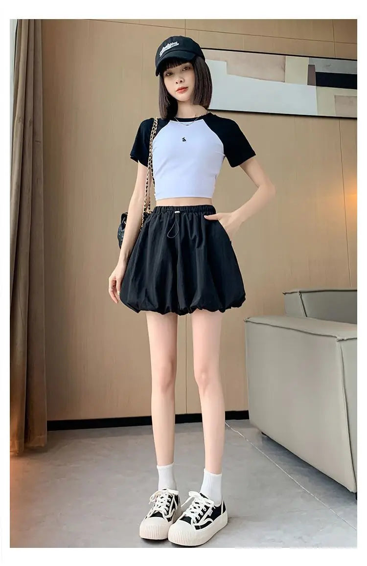 Women's High-Waist Lantern Shorts – Casual Summer Streetwear with Pockets, Relaxed Fit for Students, Youth, and Everyday Wear