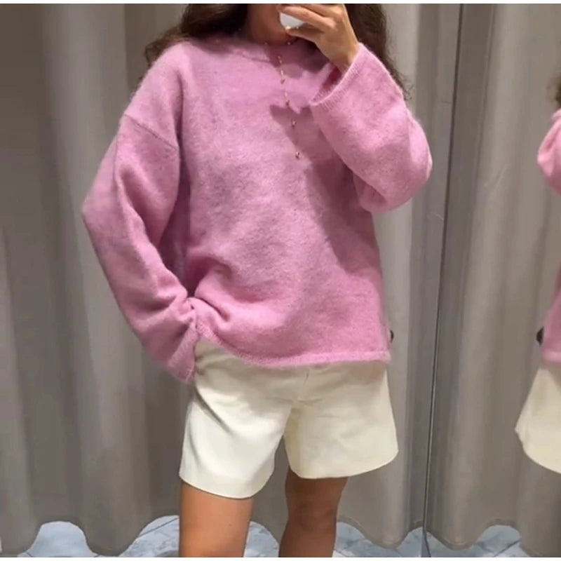 Women's Cozy Mohair Striped Knit Sweater – Warm O-Neck Pullover with Full Sleeves, Autumn 2025 Fashion