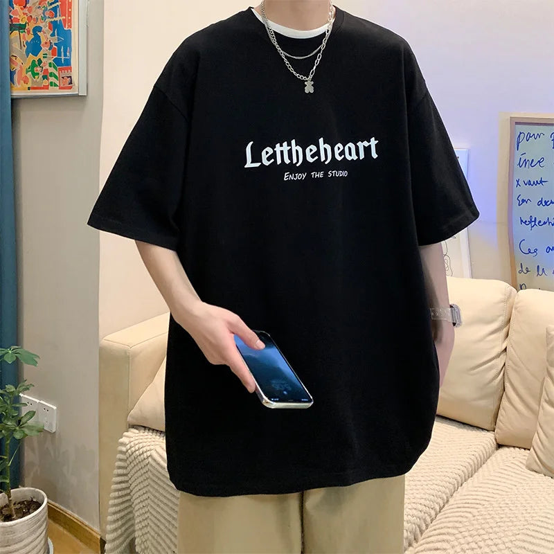 Men's Oversized Streetwear T-Shirt – Harajuku Style Graphic Tee with Gothic Letter Print – Vintage Hip Hop Punk Look for Summer – Casual Loose Fit in Blue 