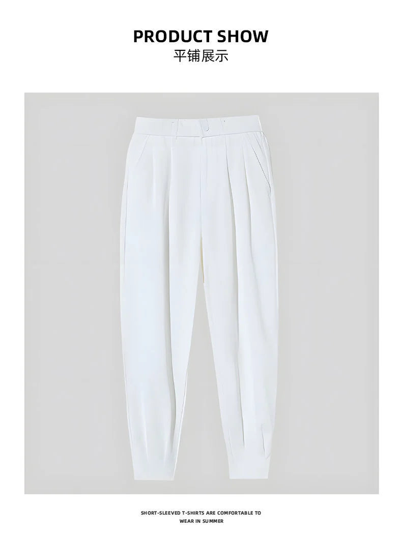 Men’s Spring & Summer Casual Solid Color Ice Silk Trousers — Korean Style Slim Ankle Pants with Zipper Detail, Smooth & Lightweight for a Handsome Look