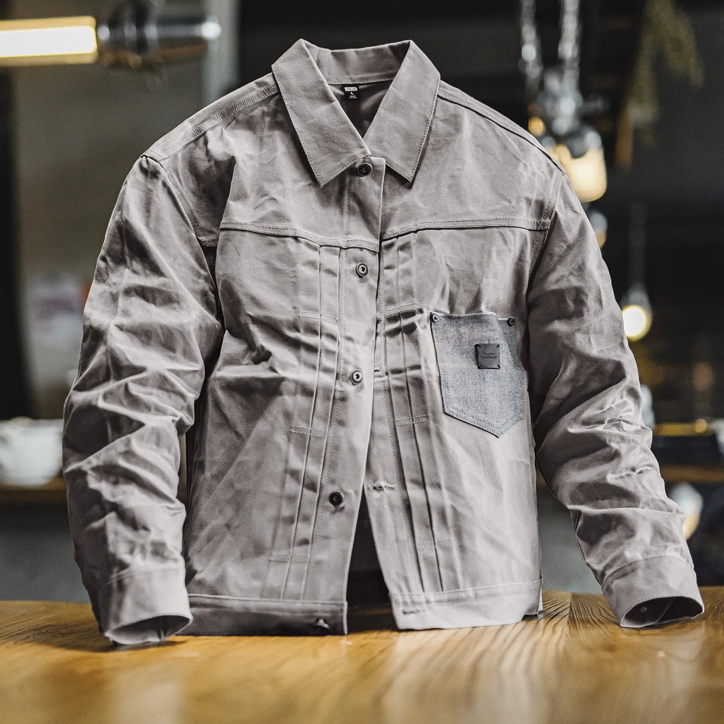 Maden Men's Vintage Grey Canvas Oil-Waxed Waterproof Hunting Jacket with Double Pleats and Patch Pockets for Autumn
