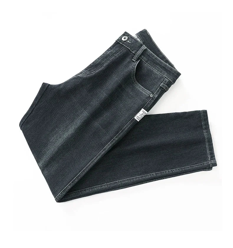 2025 Spring Men's High-Waist Spliced Washed Denim Jeans – Loose Straight Fit Stretch Cotton Blend Casual Brand Trousers 