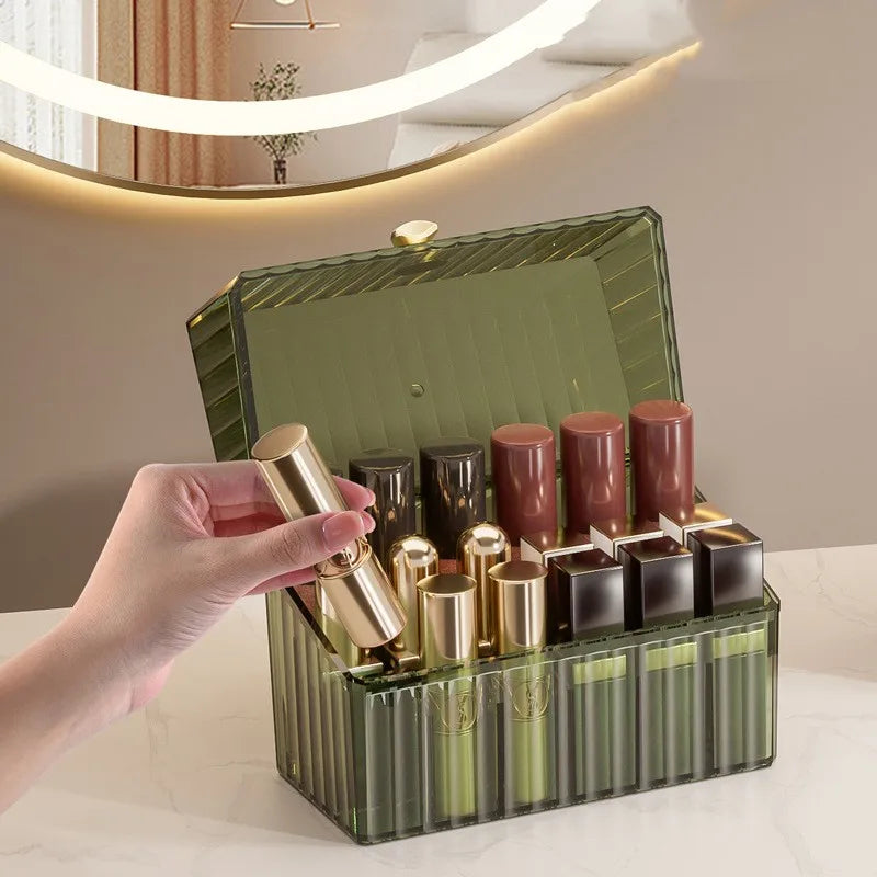 Dustproof Makeup Organizer Box – Lipstick, Brush, Skincare & Palette Storage for Desktop Use