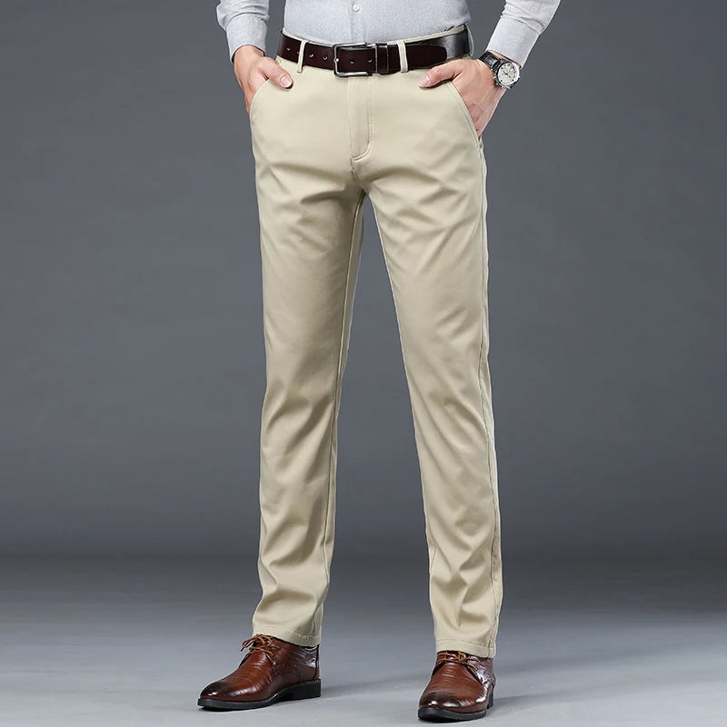 Men's Lightweight Summer Slim-Fit Suit Trousers – Business Casual Cotton Pants in Green, Black, and Khaki (Sizes 30–40)
