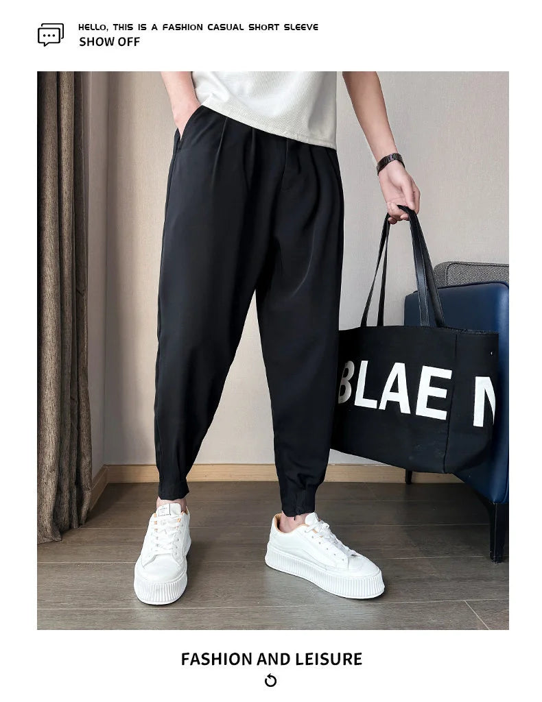 Men’s Spring & Summer Casual Solid Color Ice Silk Trousers — Korean Style Slim Ankle Pants with Zipper Detail, Smooth & Lightweight for a Handsome Look
