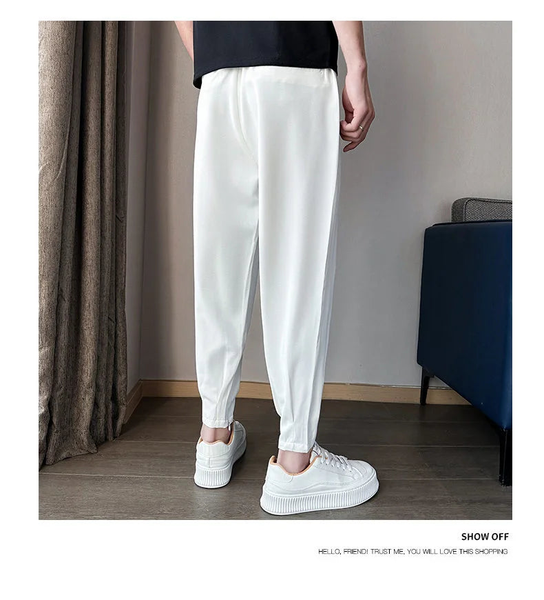 Men’s Spring & Summer Casual Solid Color Ice Silk Trousers — Korean Style Slim Ankle Pants with Zipper Detail, Smooth & Lightweight for a Handsome Look