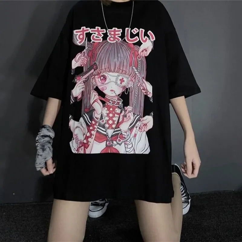 Women's Gothic Harajuku Loose T-Shirt – Aesthetic Dark Grunge Y2K Streetwear Top