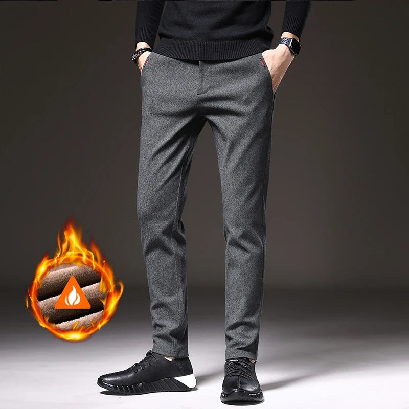 Men's Winter Fleece-Lined Slim Fit Pants – Thick Warm Straight-Leg Casual Business Trousers (Sizes 28-38)