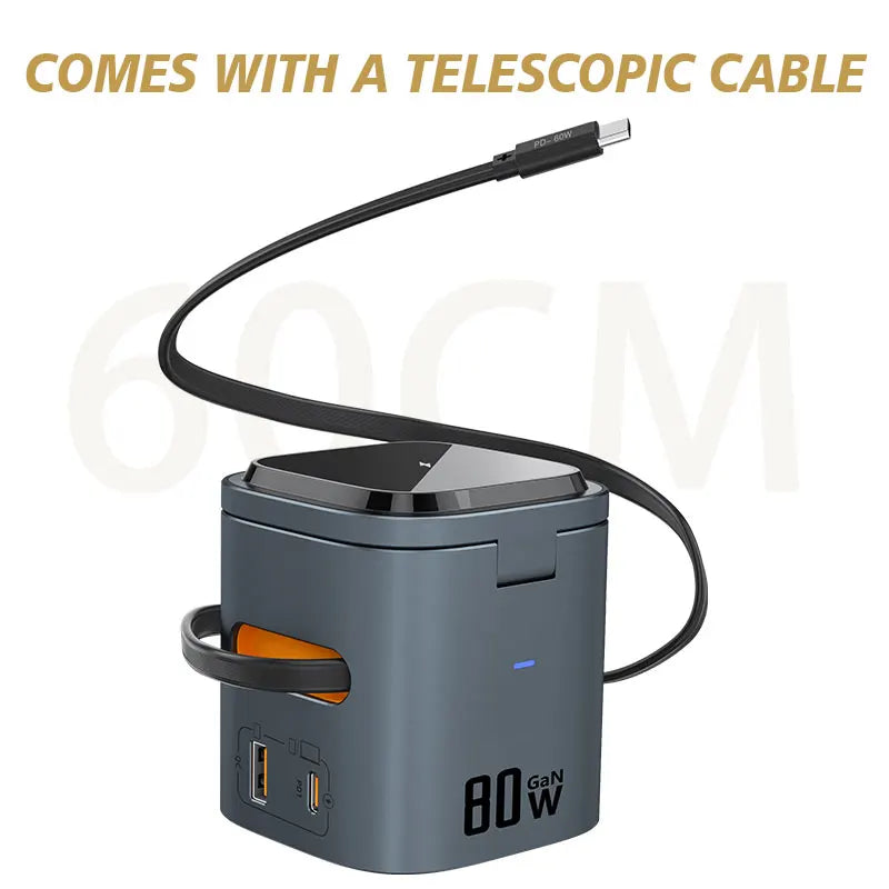 80W 6-in-1 GaN Fast Charger with Wireless Magnetic Adapter – Universal Multifunction Laptop Charging Hub (100-240V, 50/60Hz)