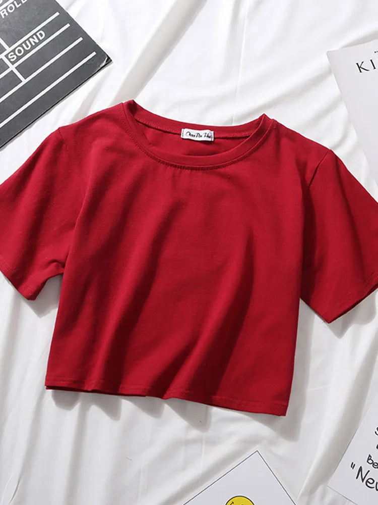 Women’s Summer Casual Cotton Short Sleeve Crop Top – Solid Color O-Neck Loose Fit T-ShirtT
