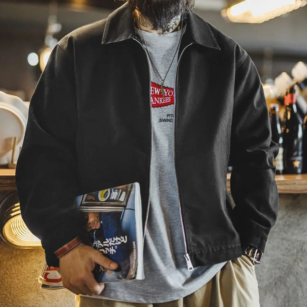 Men’s Heavyweight Vintage “IKE” Zip-Up Jacket – Black Cotton Coat with Collar, Casual Outdoor / Mountain Style for Spring & Fall