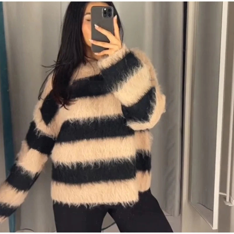 Women's Cozy Mohair Striped Knit Sweater – Warm O-Neck Pullover with Full Sleeves, Autumn 2025 Fashion