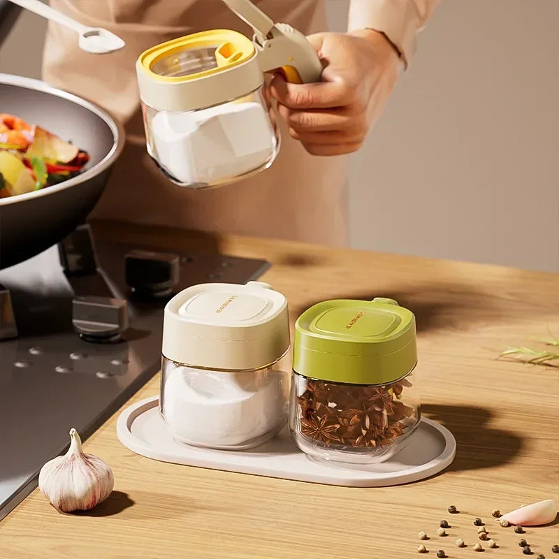 Transparent Glass Spice Jar with Spoon – Flip Cover Seasoning Container for Salt, MSG, Chicken Essence, and More