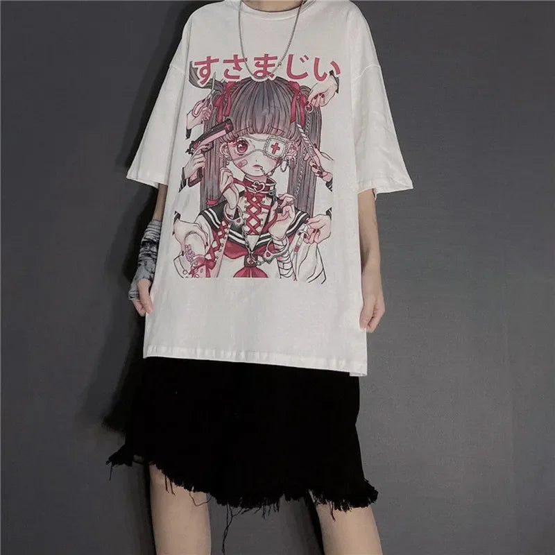Women's Gothic Harajuku Loose T-Shirt – Aesthetic Dark Grunge Y2K Streetwear Top