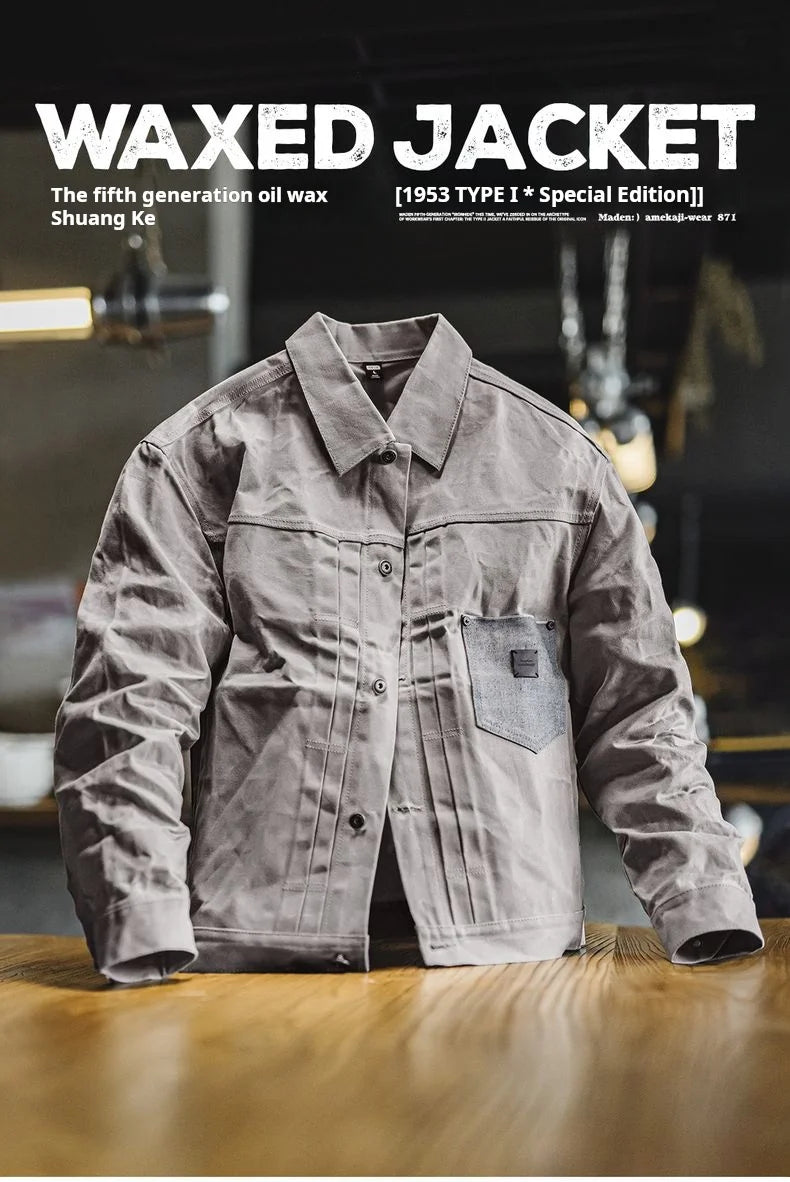 Maden Men's Vintage Grey Canvas Oil-Waxed Waterproof Hunting Jacket with Double Pleats and Patch Pockets for Autumn