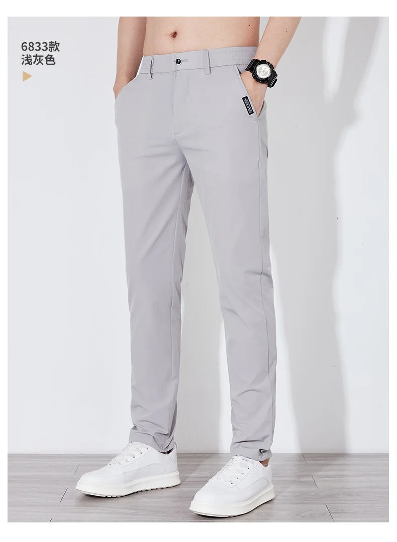 Men's Summer Silk-Feel Stretch Trousers – Lightweight Classic Business Casual Pants with Elastic Waist – Korean Style Smooth Suit Pants in Black or Gray