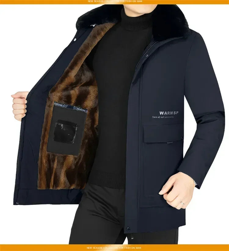 Men’s Solid Winter Parka with Fur Hood – Loose, Waterproof Fleece-Lined Vintage Streetwear Jacket