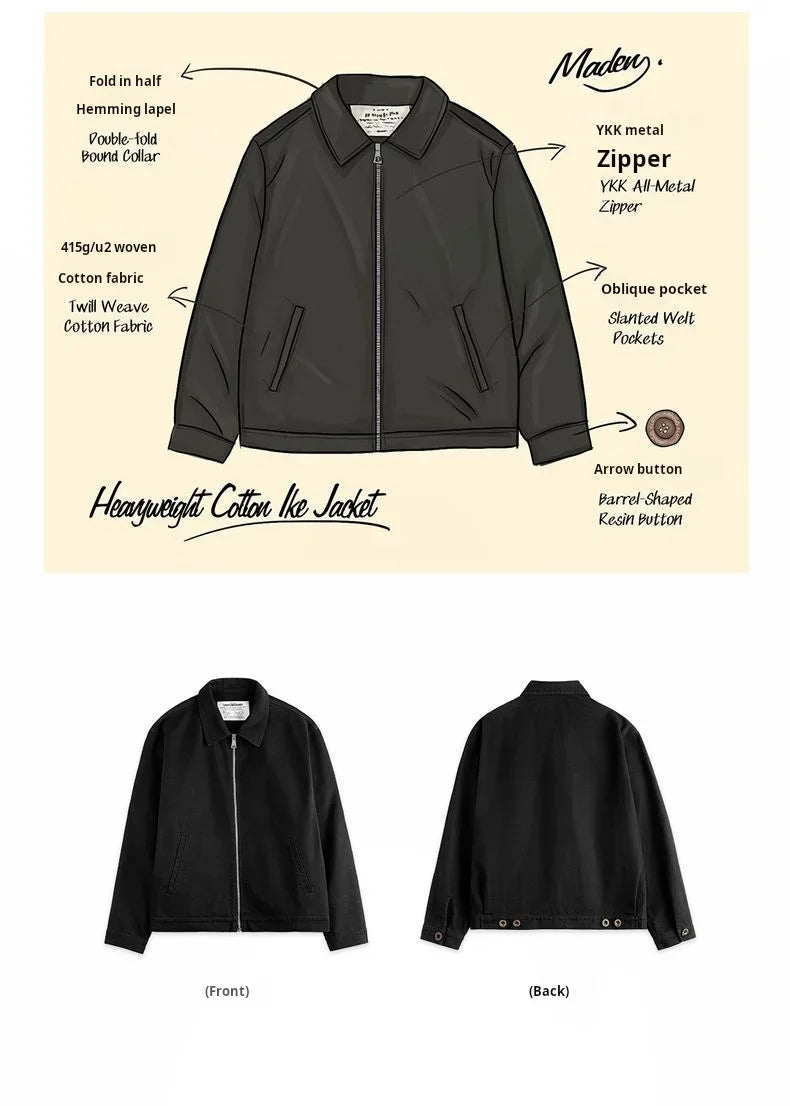 Men’s Heavyweight Vintage “IKE” Zip-Up Jacket – Black Cotton Coat with Collar, Casual Outdoor / Mountain Style for Spring & Fall