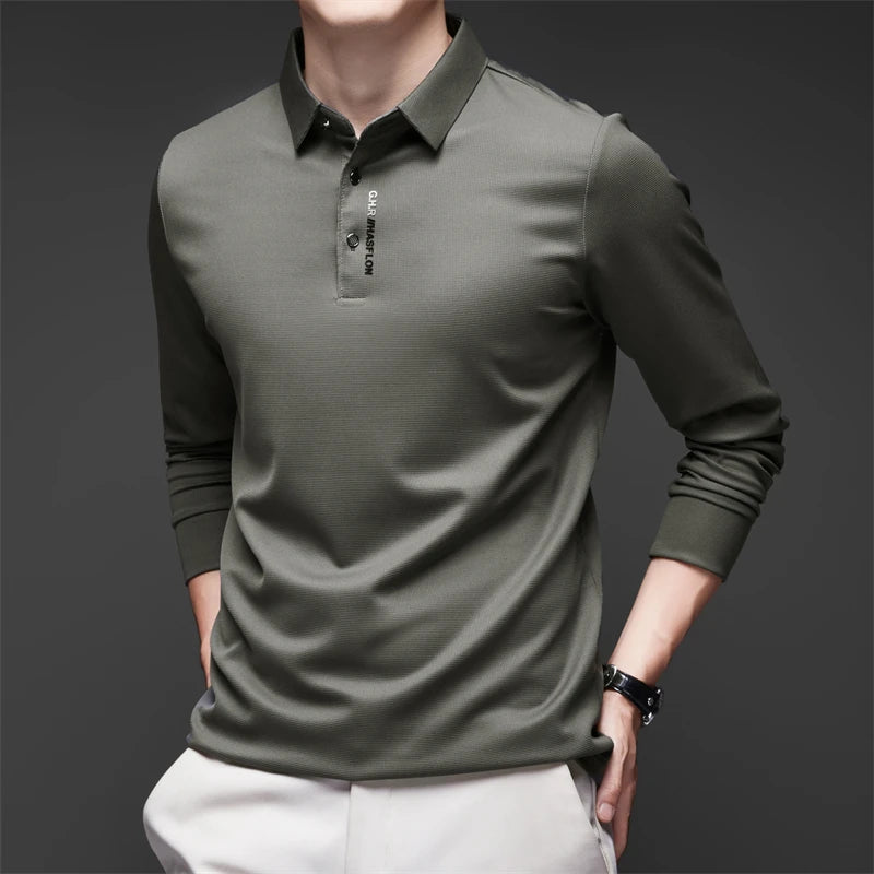 Men's Long Sleeve Polo Shirt – Solid Color, Business Casual, Stylish & Breathable Shirt with Badge Design