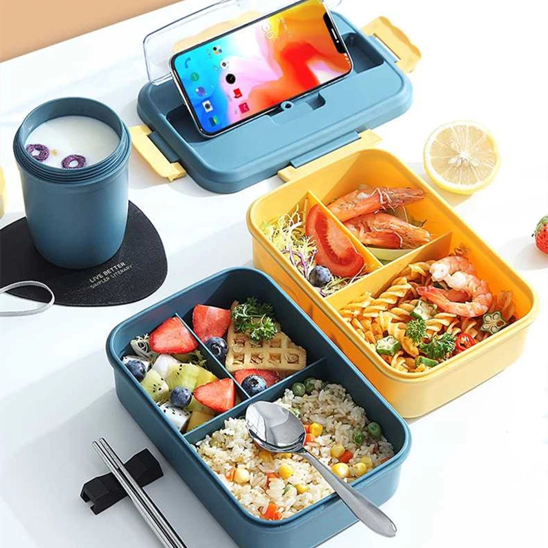 Microwaveable Bento Lunch Box with Spoon & Chopsticks – Wheat Straw Food Container for Kids, School & Office