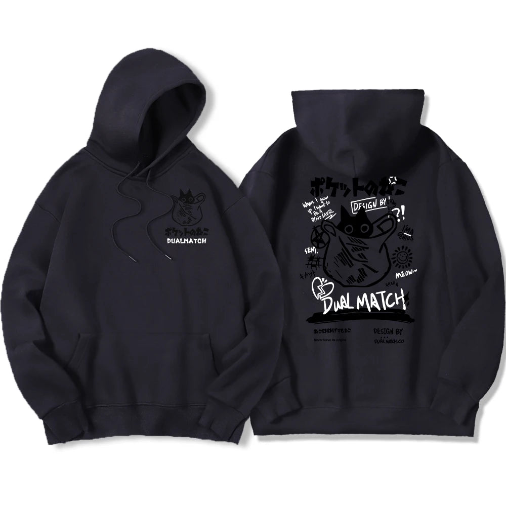 Y2K Harajuku Kawaii Cat Couple Print Hoodie – Unisex Oversized Fleece Pullover for Autumn, Warm Hip Hop Style Sweatshirt