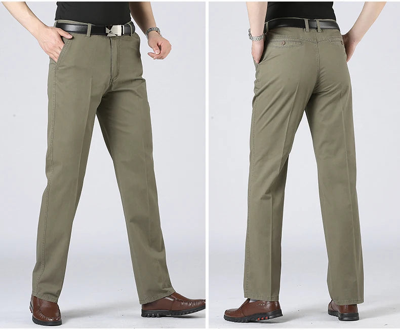 Men's Solid Cotton Straight-Leg Chino Pants – Business Casual Trousers with Belt, Ideal for Autumn & Winter – Classic Formal Style for Adults & Seniors