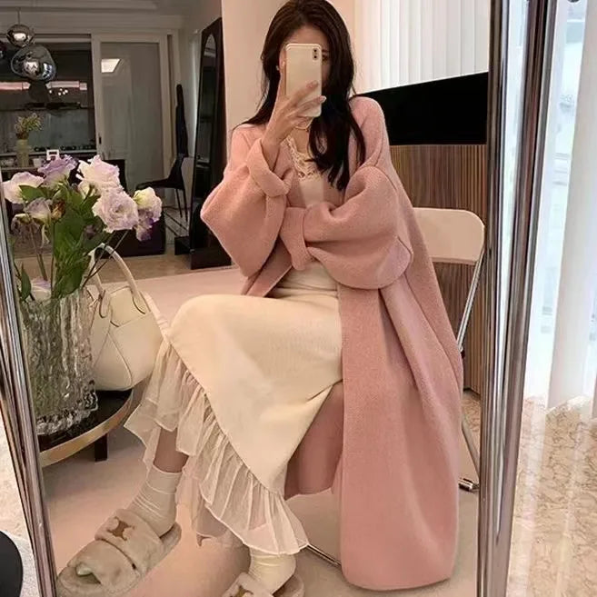 2024 Women's V-Neck Knit Cardigan – Long Sleeve Open Front Sweater, Loose Fit Solid Color Winter Outerwear