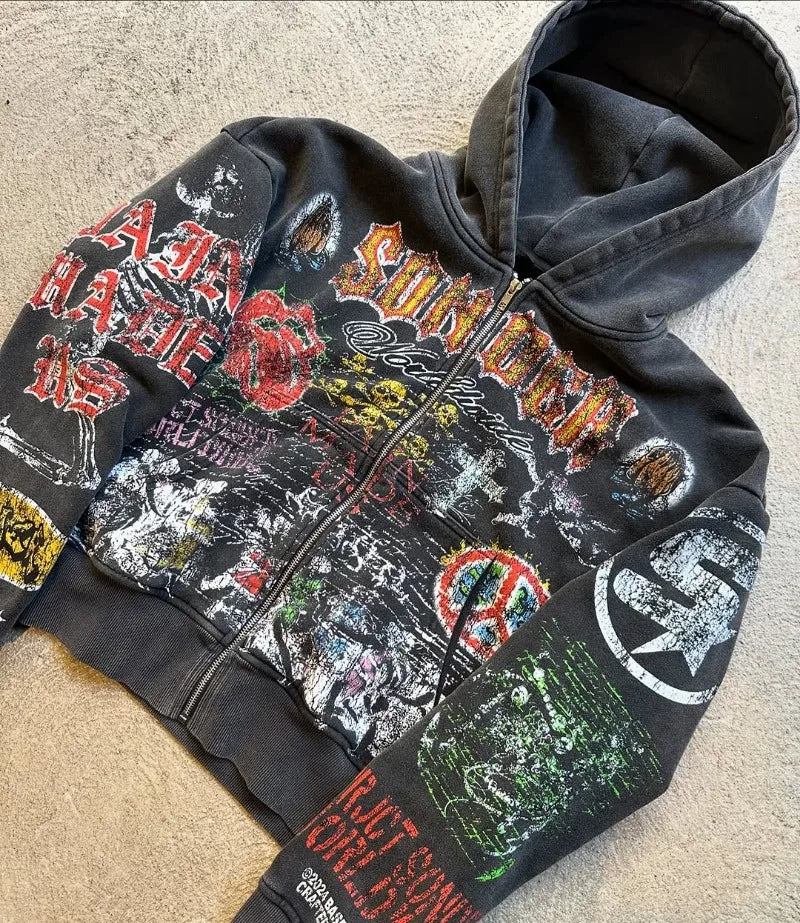 Y2K Vintage Goth Anime Zipper Hoodie – Unisex Oversized Dark Style Sweatshirt, American Streetwear