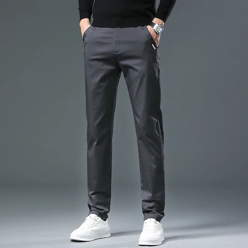 Men’s Classic Straight-Leg Cotton Trousers – 98% Cotton, Breathable Business Casual Pants with Elastic Comfort – Ideal for Spring & Summer