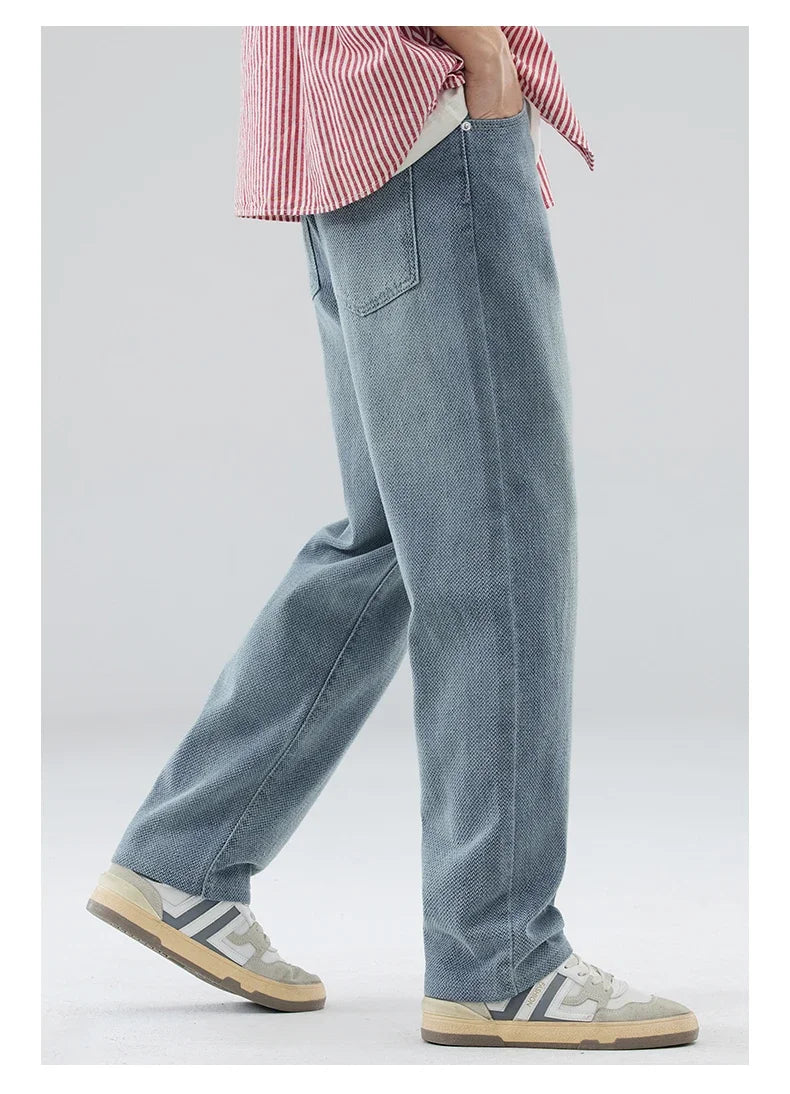 Vintage Men’s Baggy Jeans – Korean Style Starry Sky Fabric, Straight Fit Casual Denim Trousers, High Street Personalized Pants
