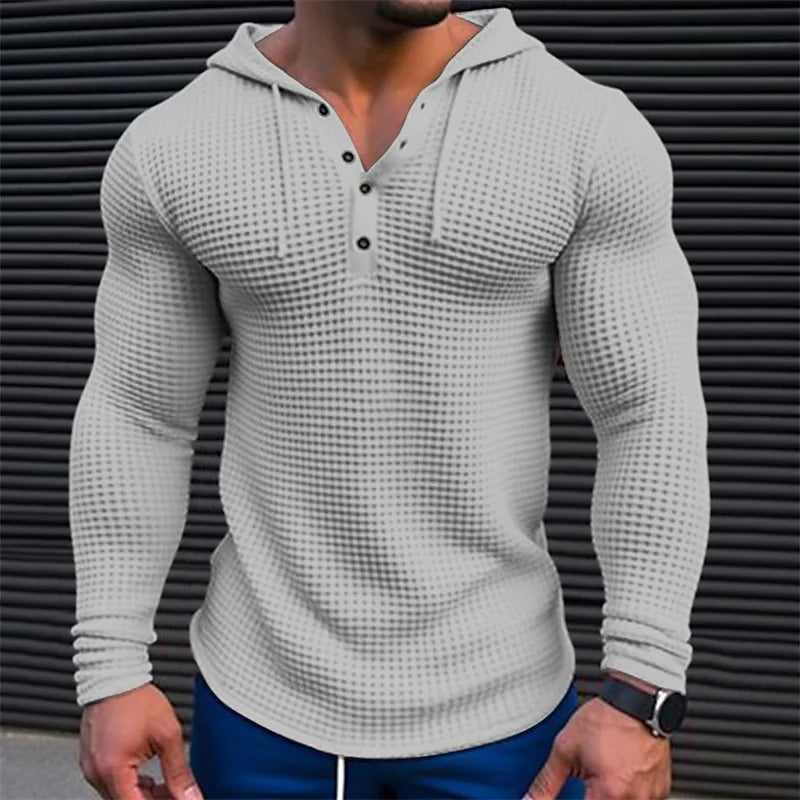 Men's Slim Fit Waffle Knit Long Sleeve Pullover – Solid Color Casual Streetwear Top, Comfortable Outdoor T-Shirt (Sizes M-3XL)