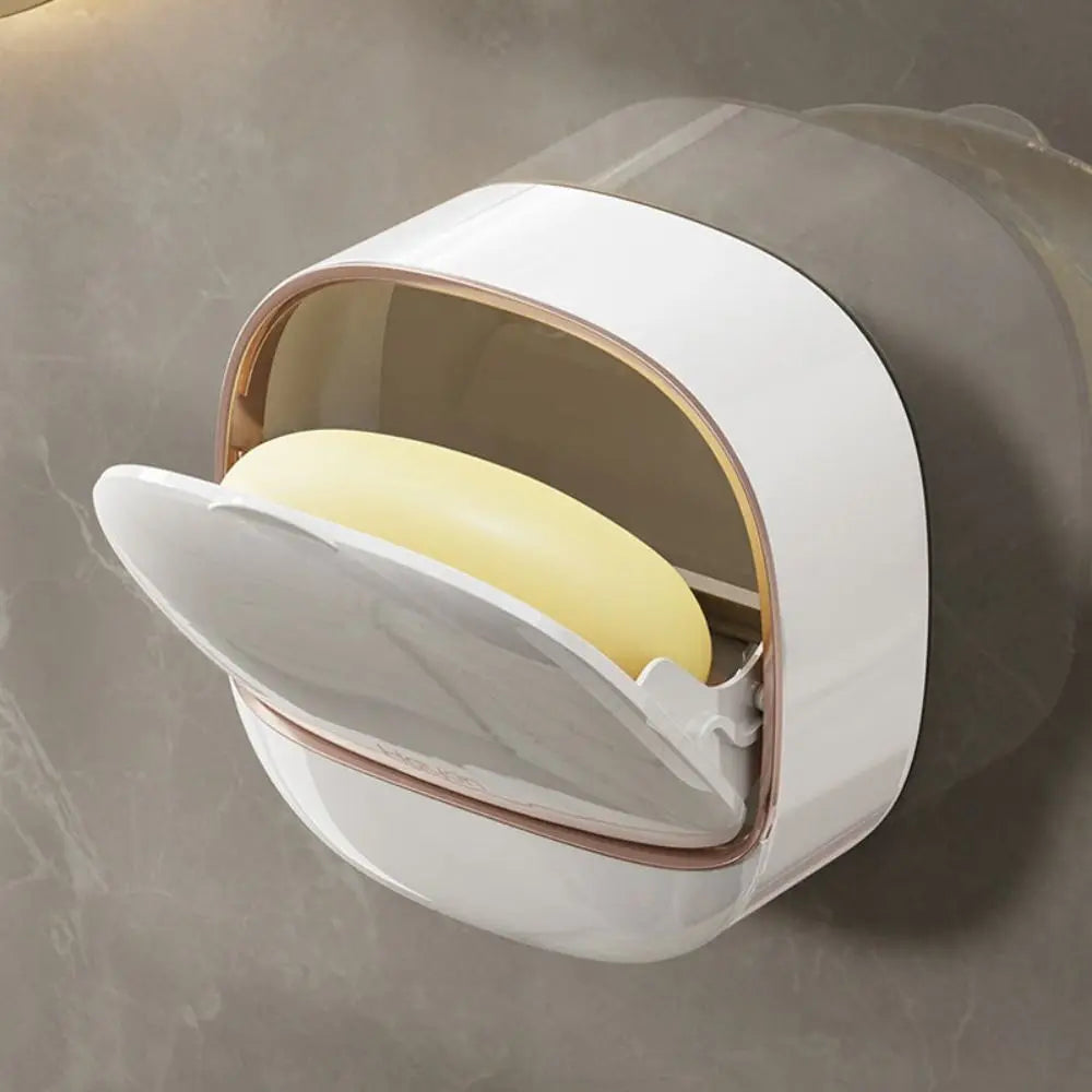 Punch-Free Wall-Mounted Soap Holder with Drainage Tray and Flip Cover – Bathroom Soap Storage Box