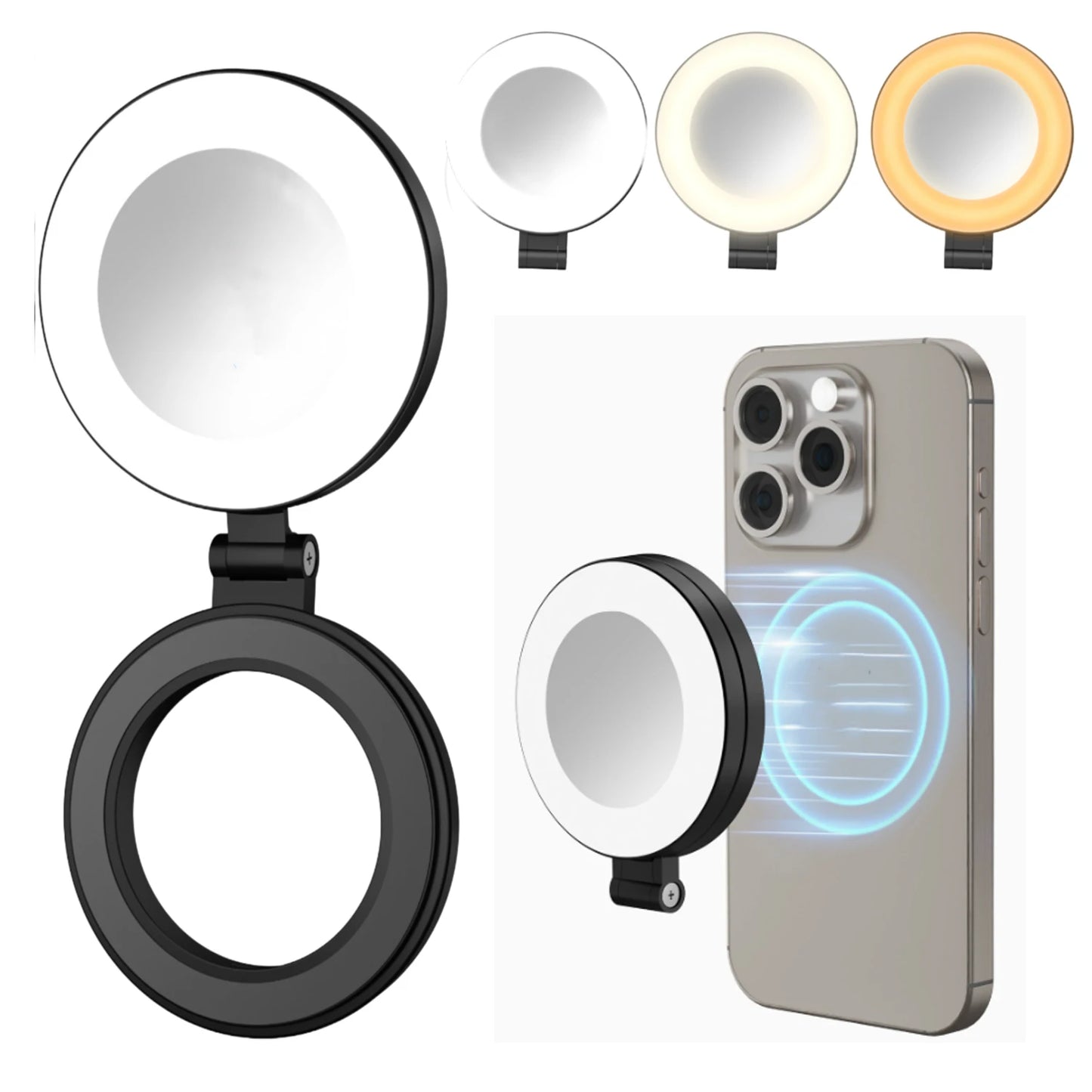 Portable Magnetic Selfie Ring Light with Built-in Mirror, Foldable 180° LED Phone Flash Compatible with MagSafe
