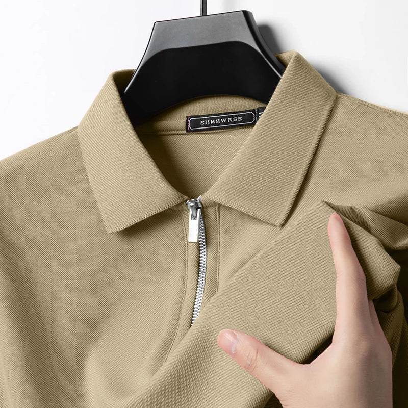 2025 Summer Men’s Slim Fit Polo Shirt with Flip Collar and Breathable Half-Zip Short Sleeves – Solid Color Comfortable Casual Tee