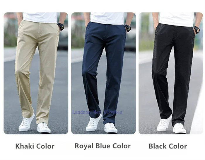Men's Summer Lightweight Stretch Chino Pants – Loose Fit Cotton Trousers in Khaki, Blue, and Black – Plus Sizes 42 & 44