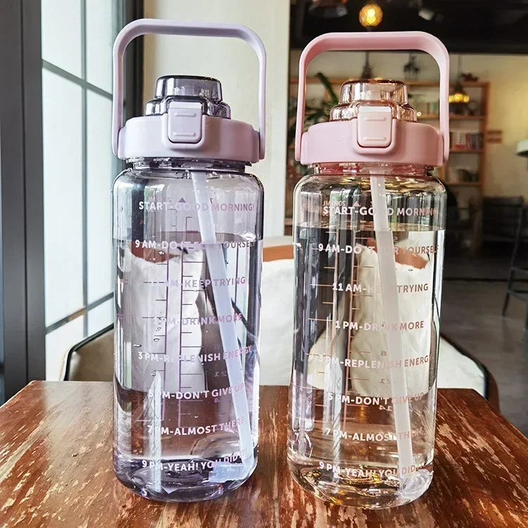 2L Large Capacity Sports Water Bottle with Straw – Time Marker Leakproof Plastic Cup for Fitness & Outdoor Use