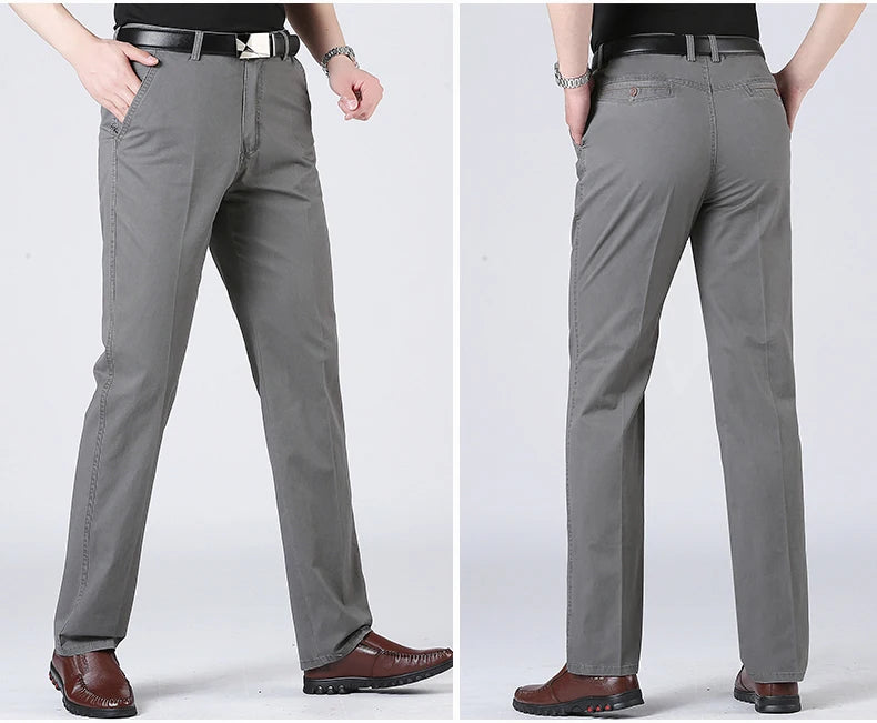 Men's Solid Cotton Straight-Leg Chino Pants – Business Casual Trousers with Belt, Ideal for Autumn & Winter – Classic Formal Style for Adults & Seniors