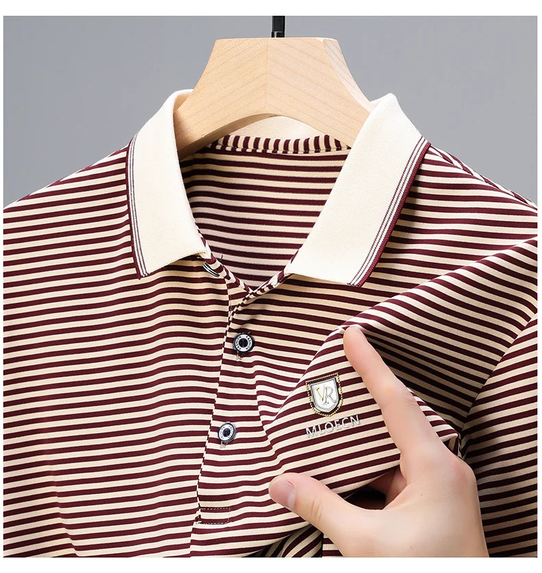 Premium Cotton Men's Summer Polo Shirt – 2024 Soft Short Sleeve Tee with Stripe Accents & Brand Badge Design