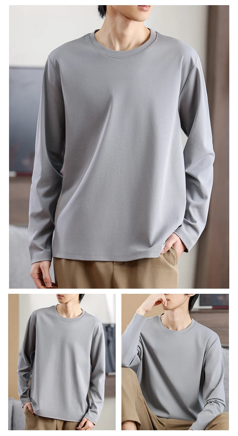 Men's Summer Long Sleeve T-shirt – Solid Color, Round Neck, Casual Style, Made from Mercerized Cotton